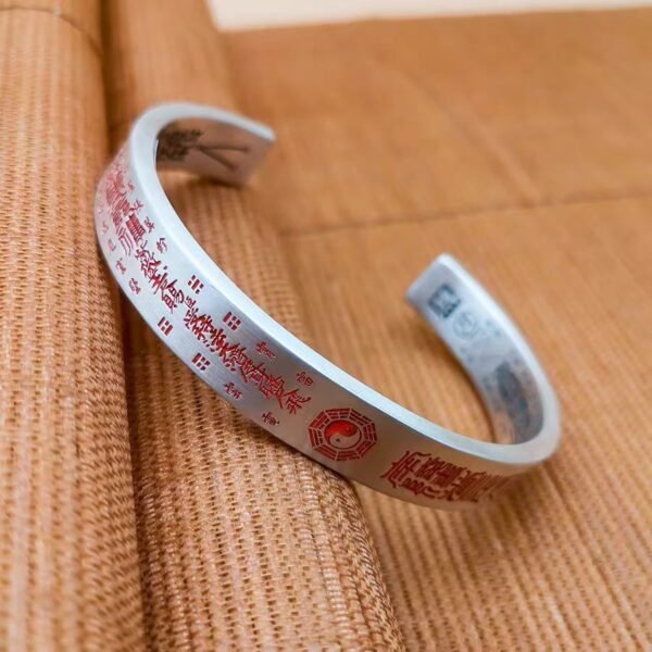 Taoist - Inspired Sterling Silver Open - Cuff Bracelet with Mystical Symbols and Inscriptions