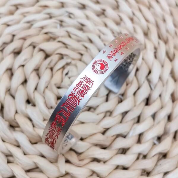 Taoist - Inspired Sterling Silver Open - Cuff Bracelet with Mystical Symbols and Inscriptions - Image 6