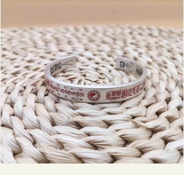 Taoist - Inspired Sterling Silver Open - Cuff Bracelet with Mystical Symbols and Inscriptions - Image 7