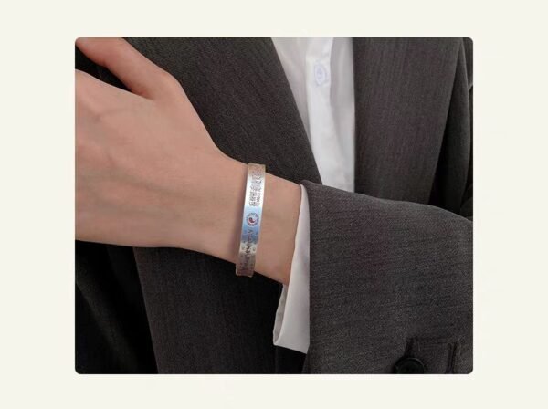 Taoist - Inspired Sterling Silver Open - Cuff Bracelet with Mystical Symbols and Inscriptions - Image 2